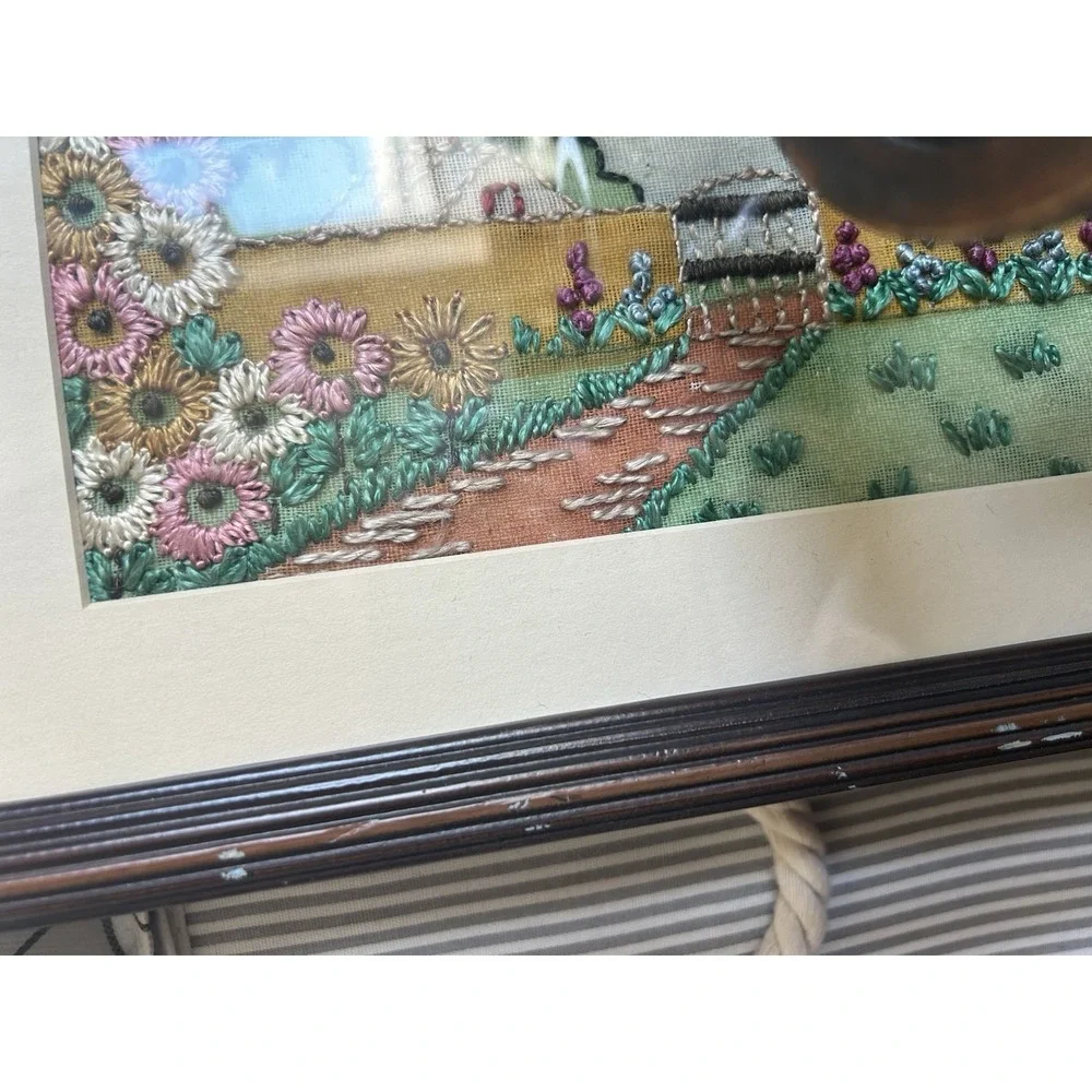 Vintage needle‎ point picture floral wood antique Framed 11x14 tapestry Farm